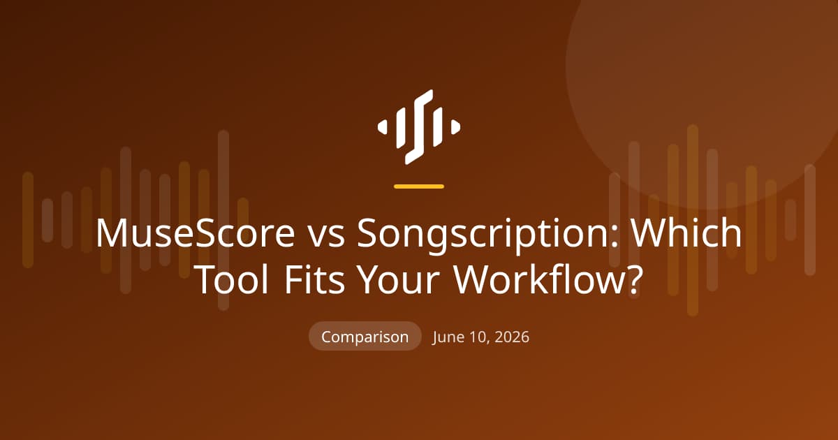 MuseScore vs Songscription compared on audio transcription, editing, export formats, and the hybrid workflow between them
