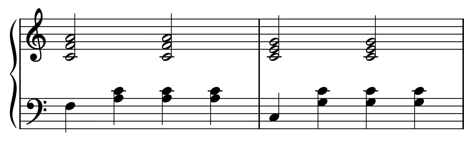 Same pitch in different hands example showing conflicting notes between left and right hand